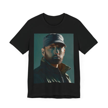 A black graphic t-shirt featuring a graphic of Eminem as a rap genius.