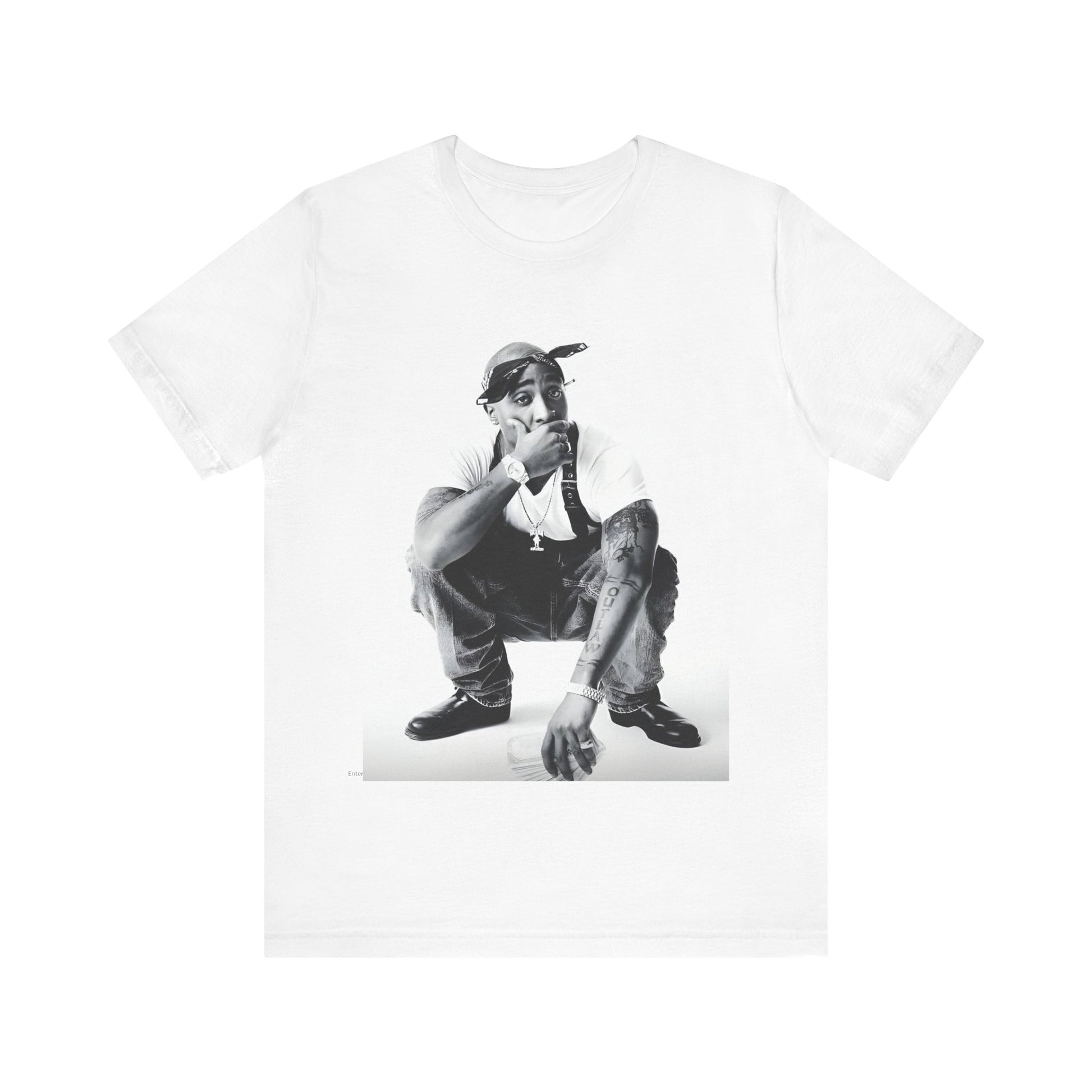 A black graphic t-shirt featuring a graphic of Tupac with a conscious rap vibe.