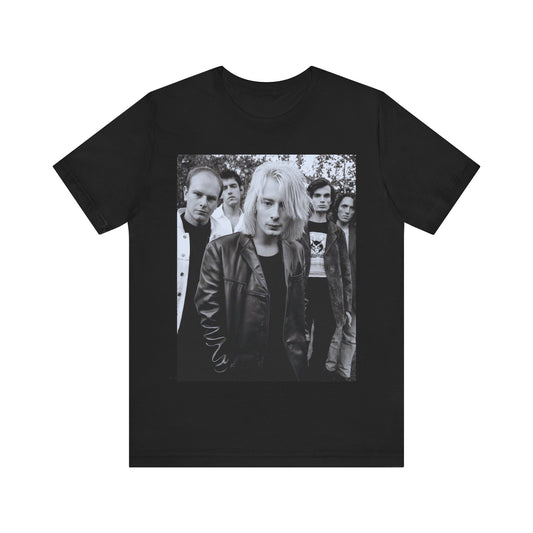 A black graphic t-shirt featuring a cool experimental rock graphic of Radiohead.