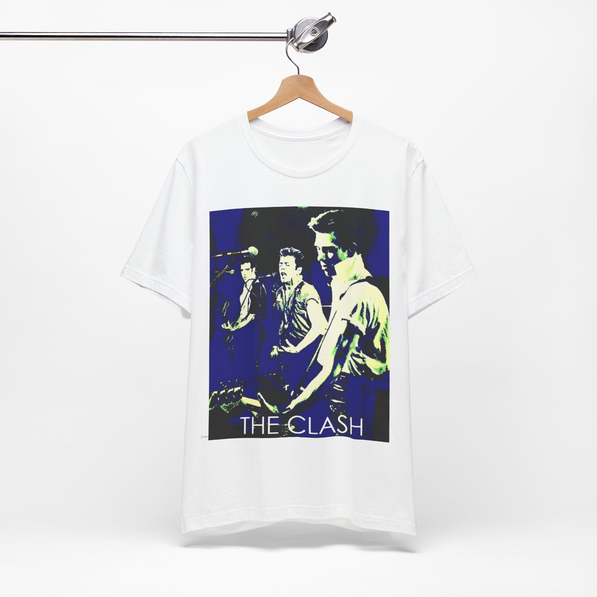 A black graphic t-shirt featuring a 70s aesthetic punk rock graphic of The Clash.