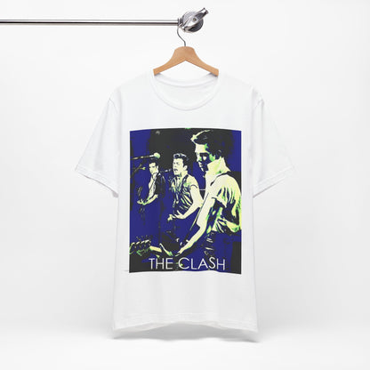 A black graphic t-shirt featuring a 70s aesthetic punk rock graphic of The Clash.
