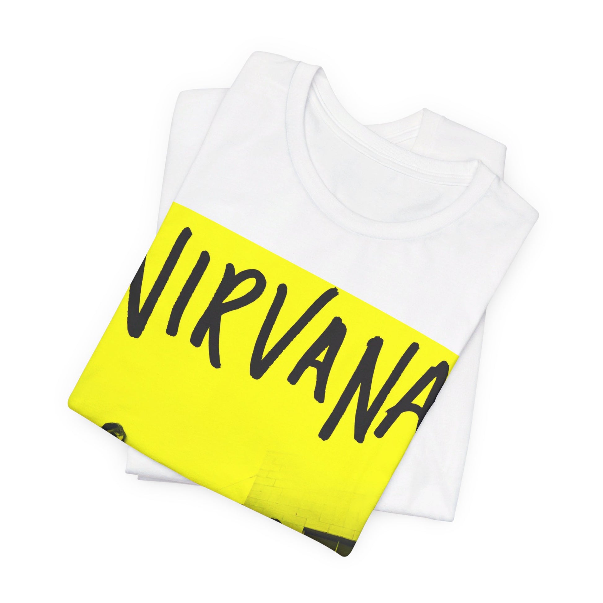 A black graphic t-shirt featuring a neon yellow aesthetic graphic of Nirvana.