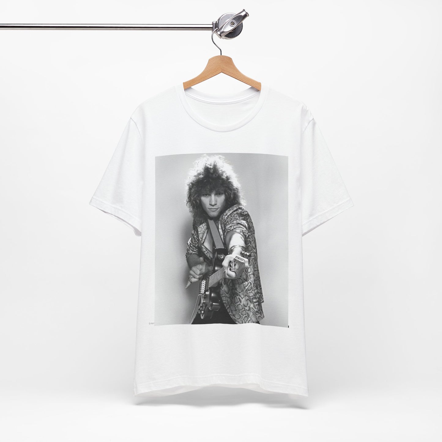 A black graphic t-shirt featuring a vintage 80s rock graphic of Bon Jovi.
