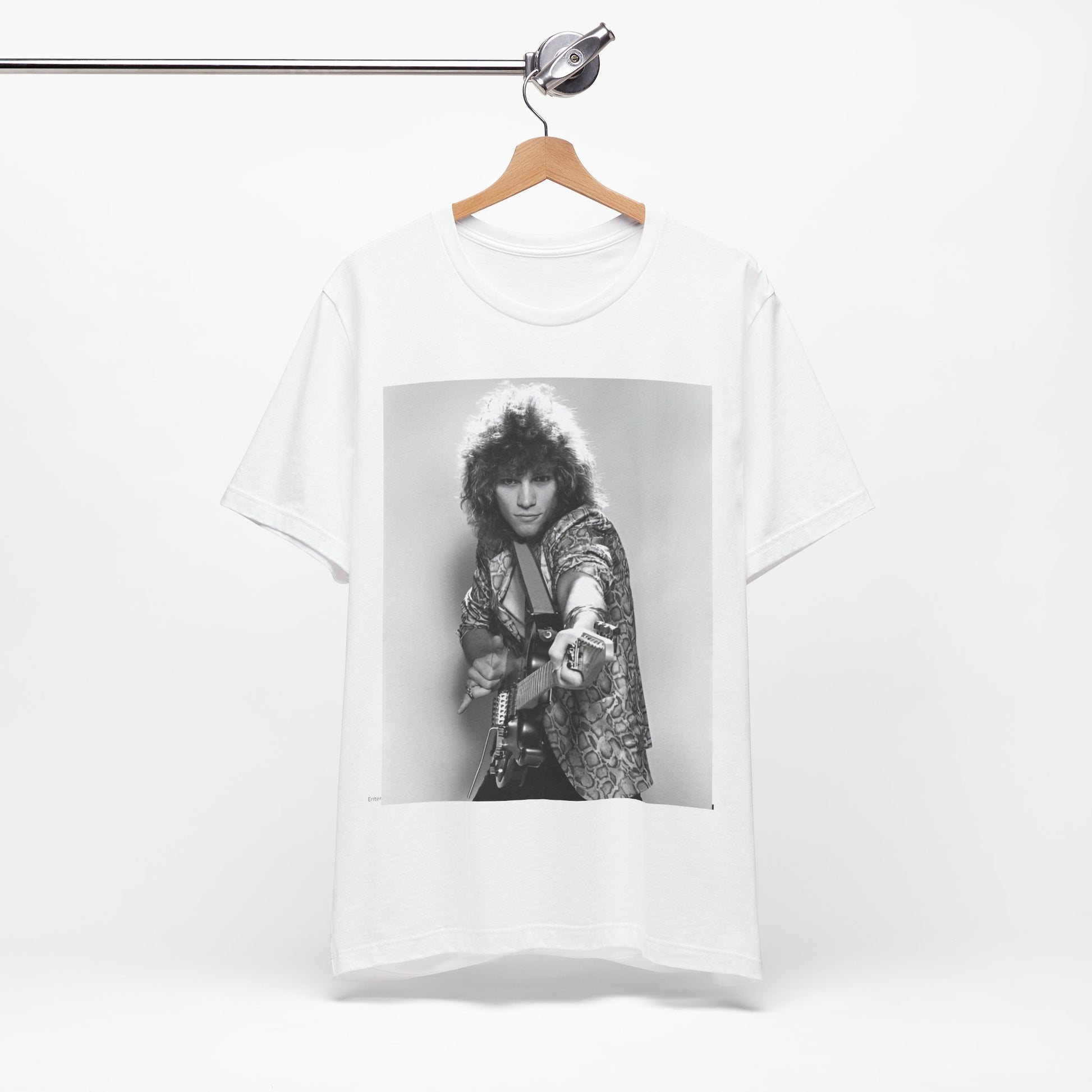 A black graphic t-shirt featuring a vintage 80s rock graphic of Bon Jovi.