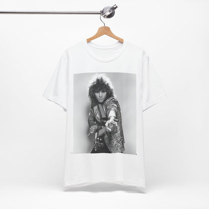 A black graphic t-shirt featuring a vintage 80s rock graphic of Bon Jovi.