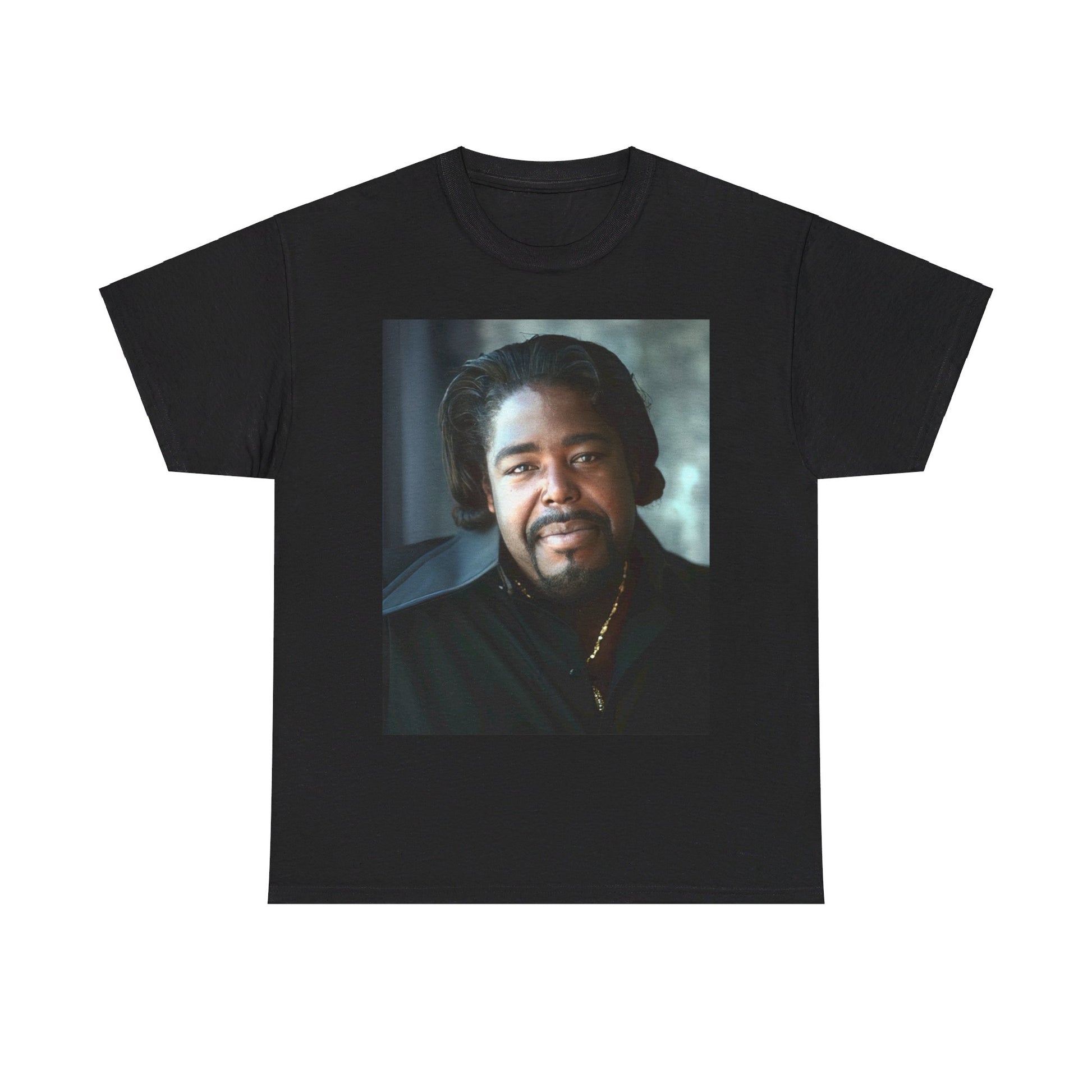 A black graphic t-shirt featuring a retro pop art portrait graphic of Barry White from the 1970s.