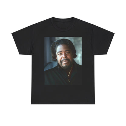 A black graphic t-shirt featuring a retro pop art portrait graphic of Barry White from the 1970s.