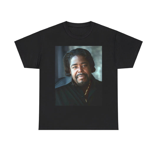 A black graphic t-shirt featuring a retro pop art portrait graphic of Barry White from the 1970s.
