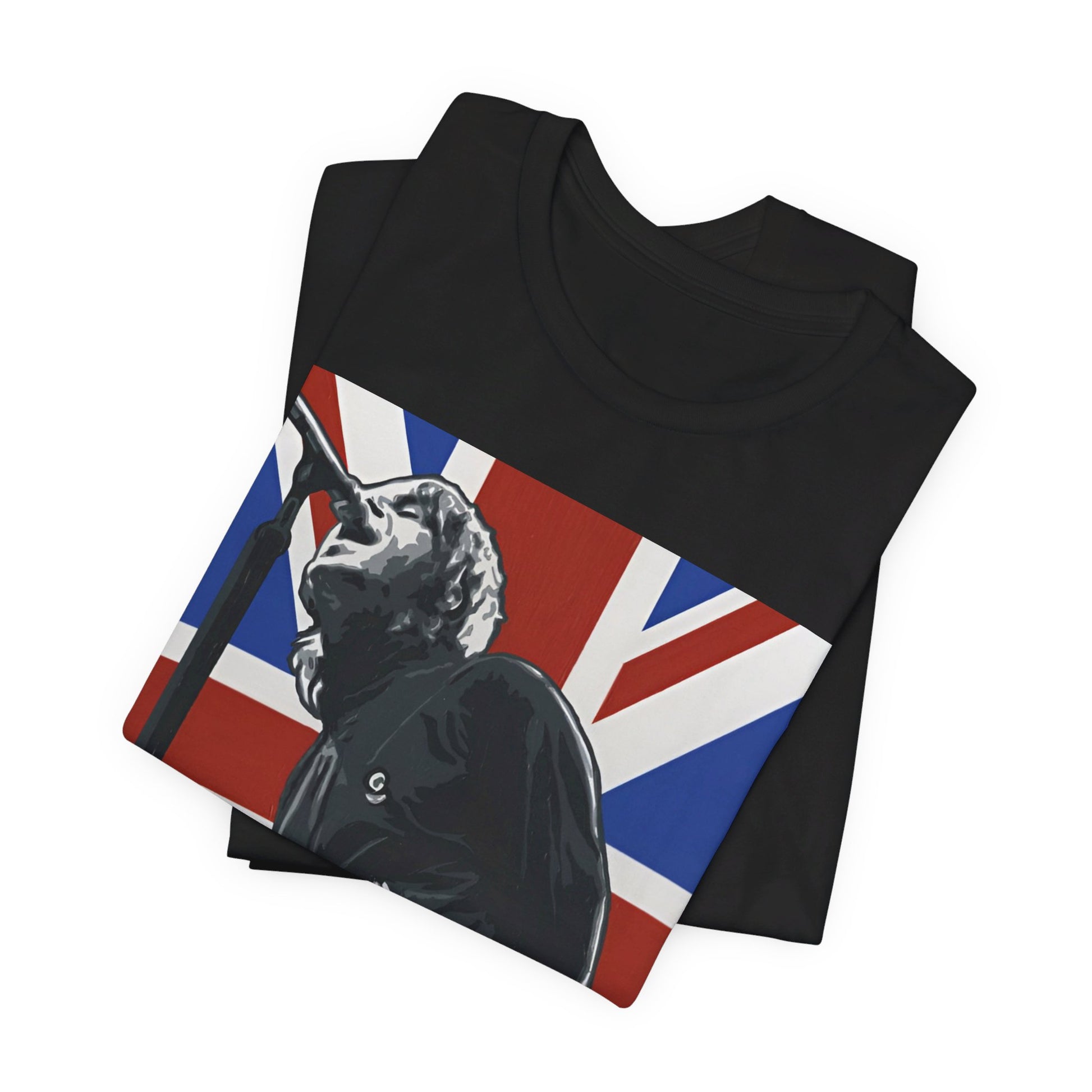 A black graphic t-shirt featuring a graphic of Oasis with timeless Britpop vibes.