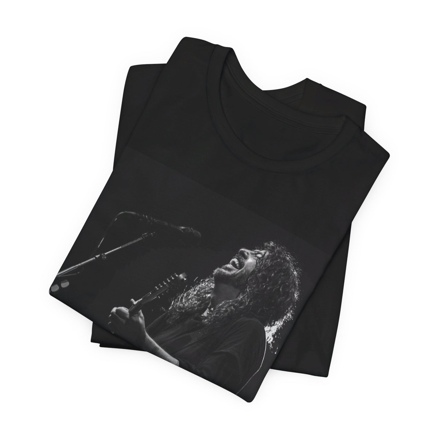 A black graphic t-shirt featuring a graphic of Dave Grohl from Foo Fighters as a rock legend.