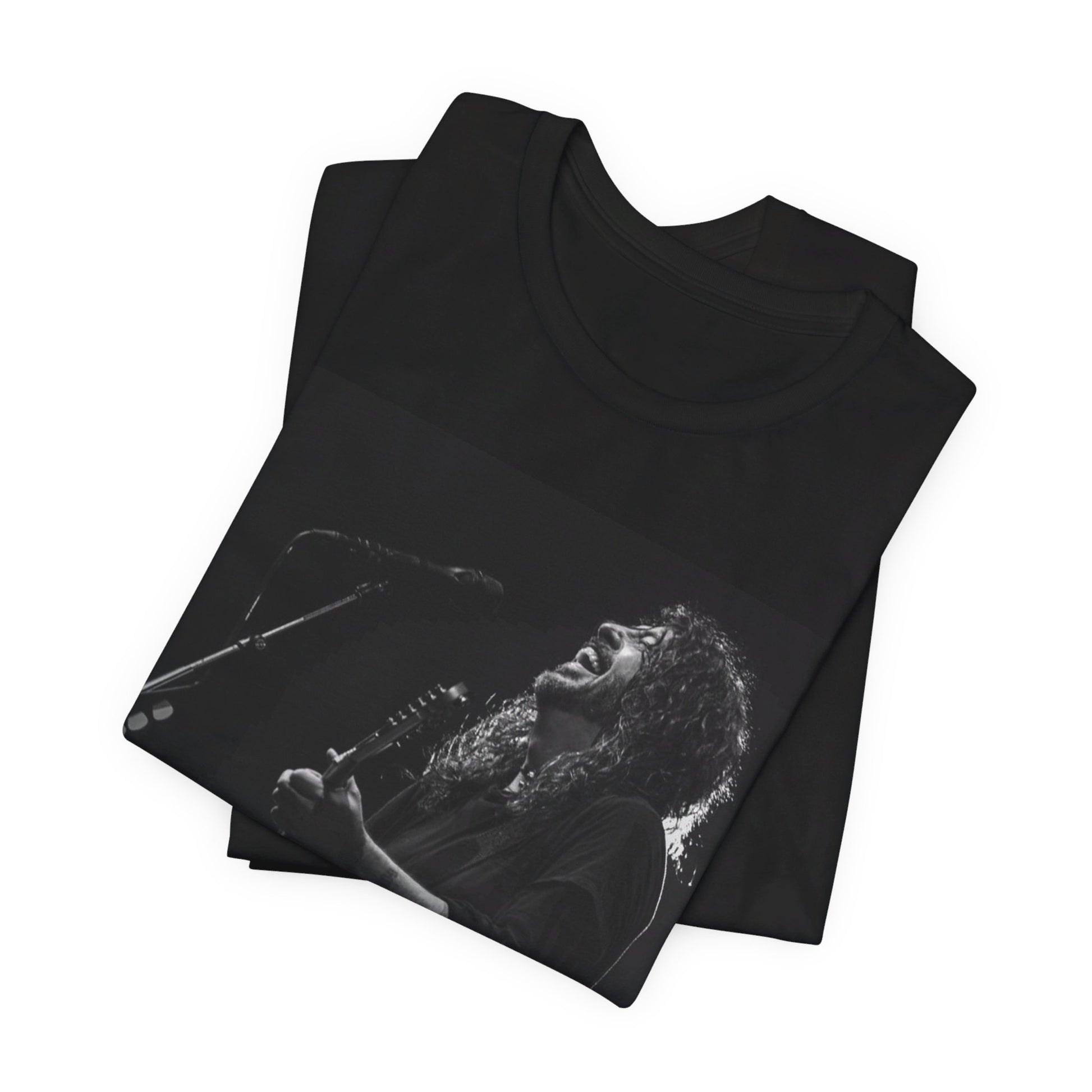 A black graphic t-shirt featuring a graphic of Dave Grohl from Foo Fighters as a rock legend.