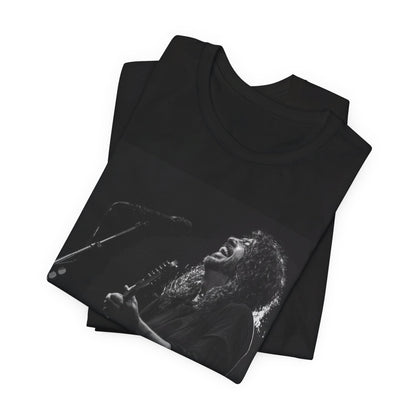 A black graphic t-shirt featuring a graphic of Dave Grohl from Foo Fighters as a rock legend.
