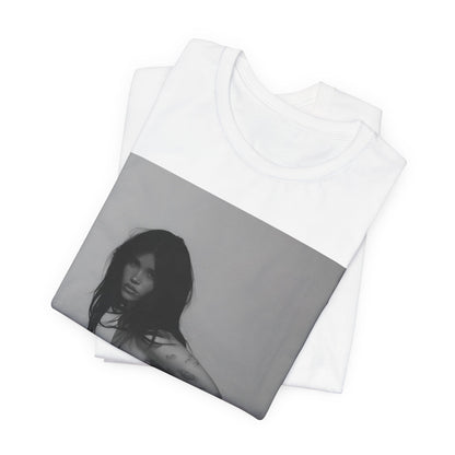 A black graphic t-shirt featuring a black and white, monochrome graphic or photo of Nessa Barrett.