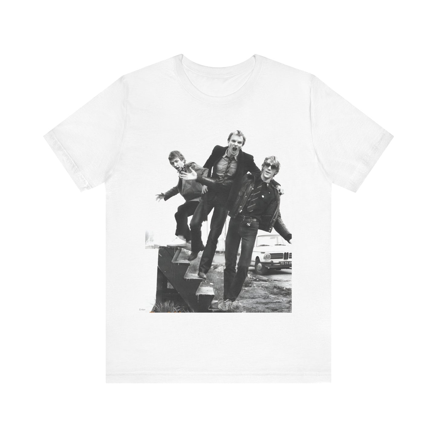 A black graphic t-shirt featuring an early days reggae rock graphic of The Police.