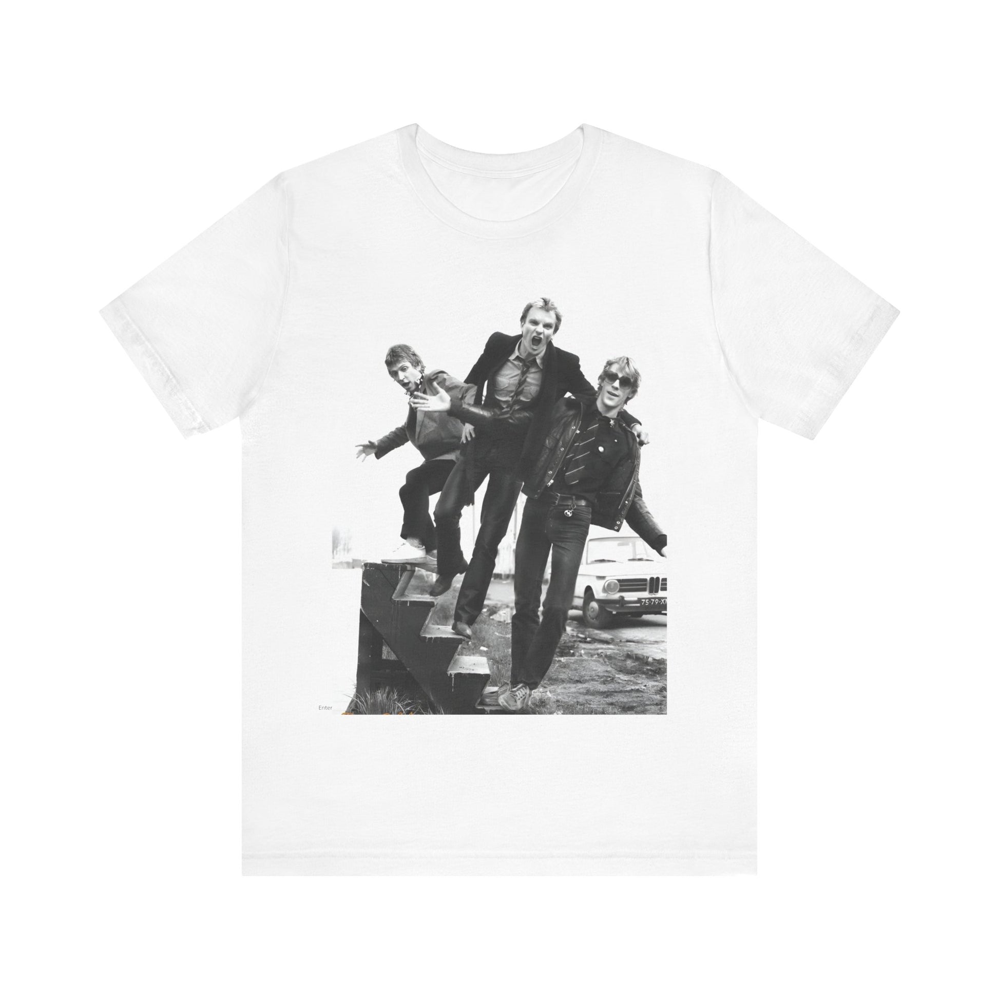 A black graphic t-shirt featuring an early days reggae rock graphic of The Police.