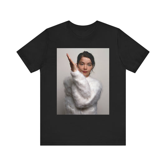 A black graphic t-shirt featuring a classic indie music graphic of Bjork.