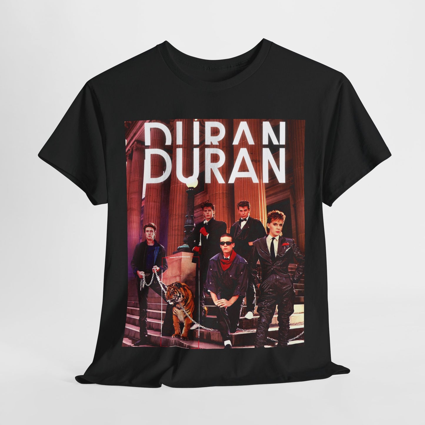 A black graphic t-shirt featuring a vintage 80s new wave graphic of Duran Duran.