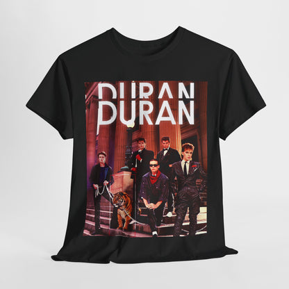A black graphic t-shirt featuring a vintage 80s new wave graphic of Duran Duran.
