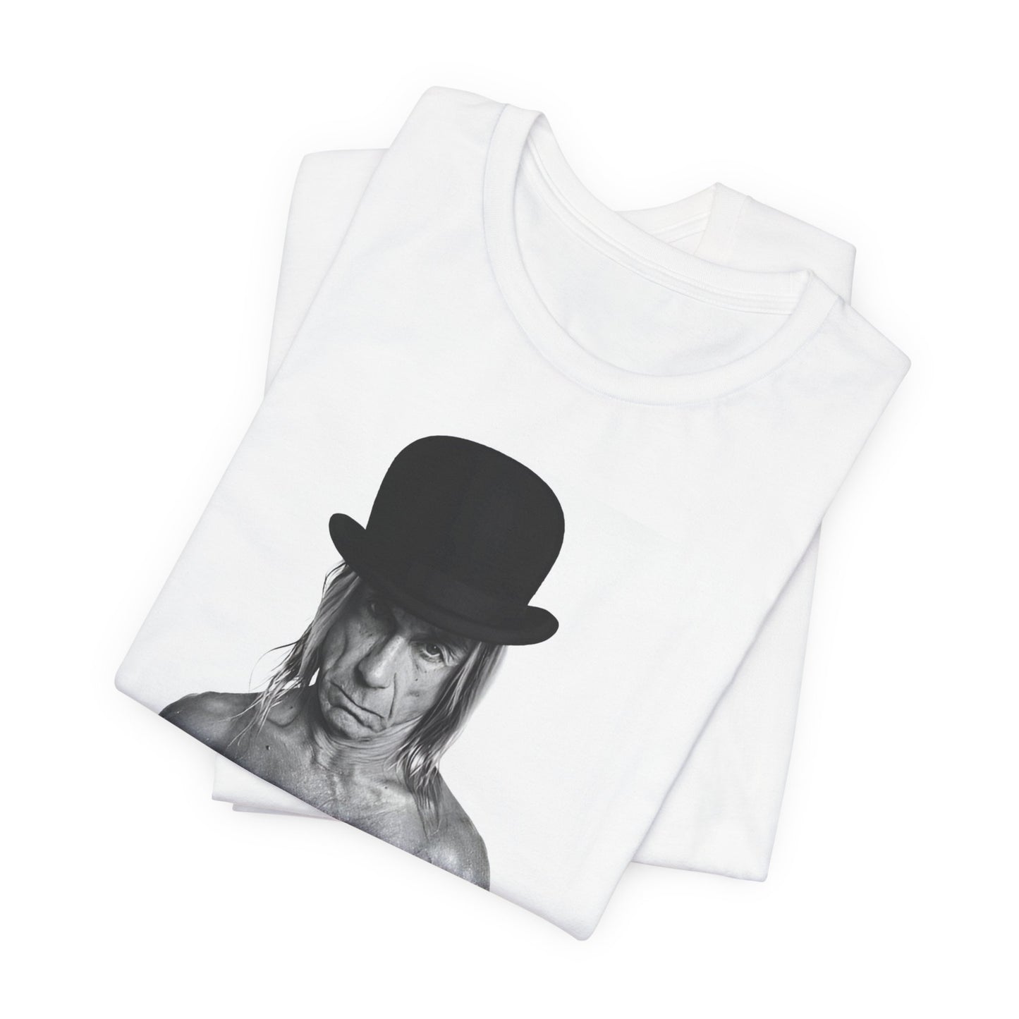 A black graphic t-shirt featuring a black and white photo of Iggy Pop wearing a hat.