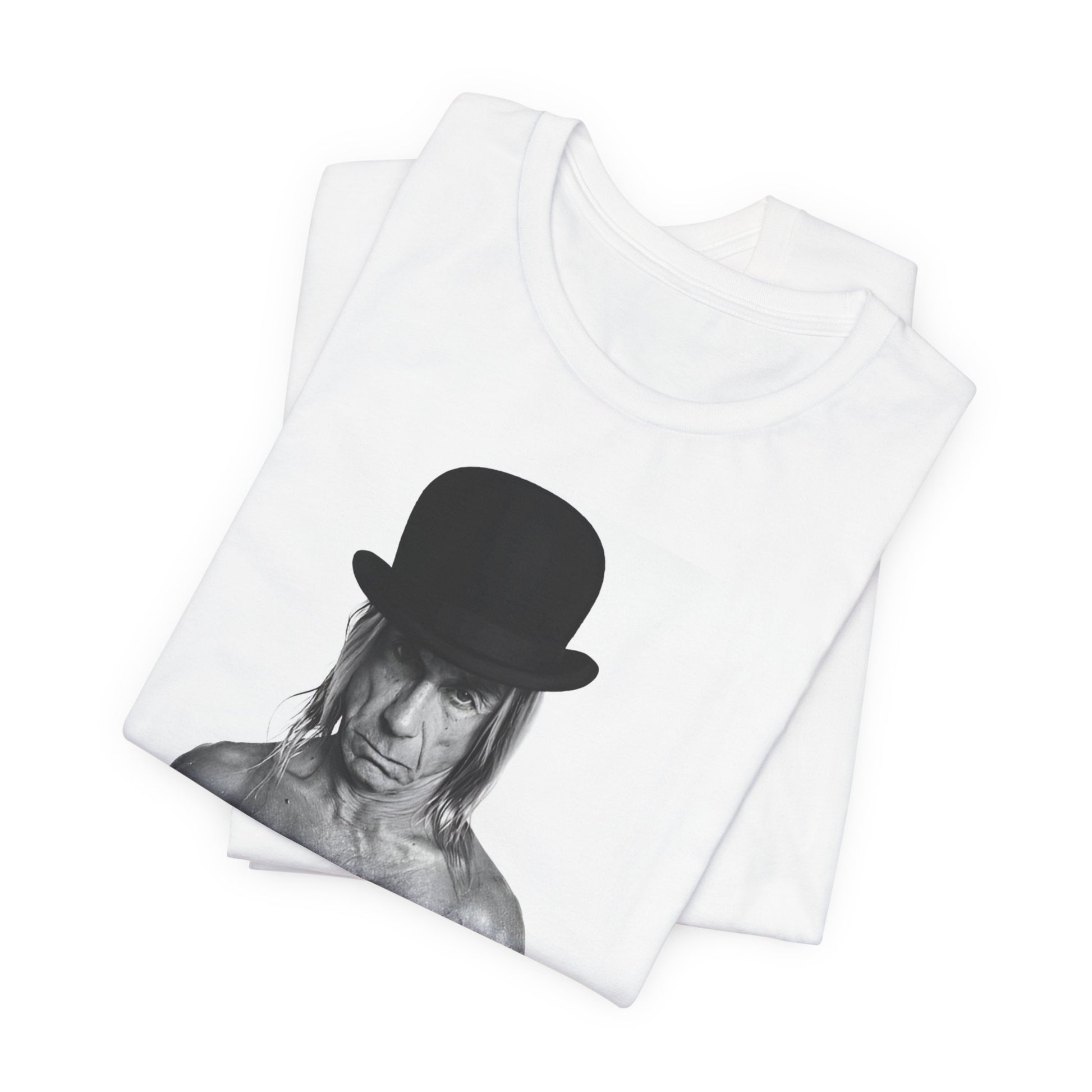 A black graphic t-shirt featuring a black and white photo of Iggy Pop wearing a hat.