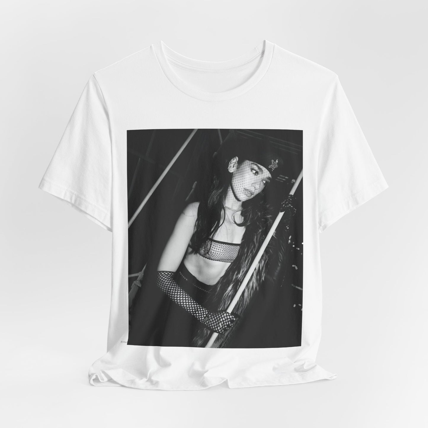 A black graphic t-shirt featuring a black and white, monochrome graphic or portrait of Dua Lipa.