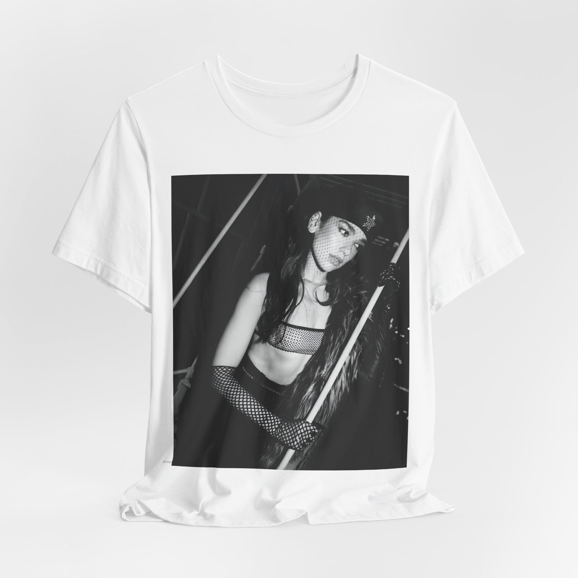 A black graphic t-shirt featuring a black and white, monochrome graphic or portrait of Dua Lipa.