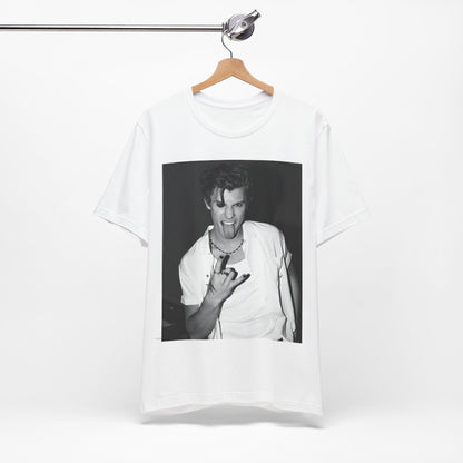 A black graphic t-shirt featuring a casual black and white fan graphic of Shawn Mendes.