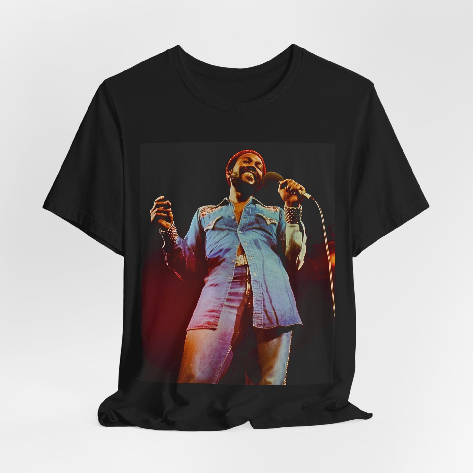 A black graphic t-shirt featuring a graphic of Marvin Gaye with groovy funk vibes.