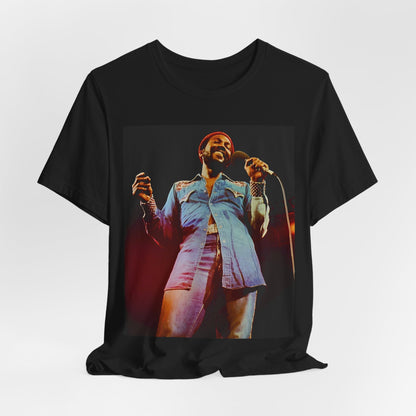 A black graphic t-shirt featuring a graphic of Marvin Gaye with groovy funk vibes.