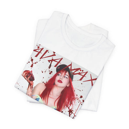A black graphic t-shirt featuring a bold and vibrant pop art style graphic of Ava Max.