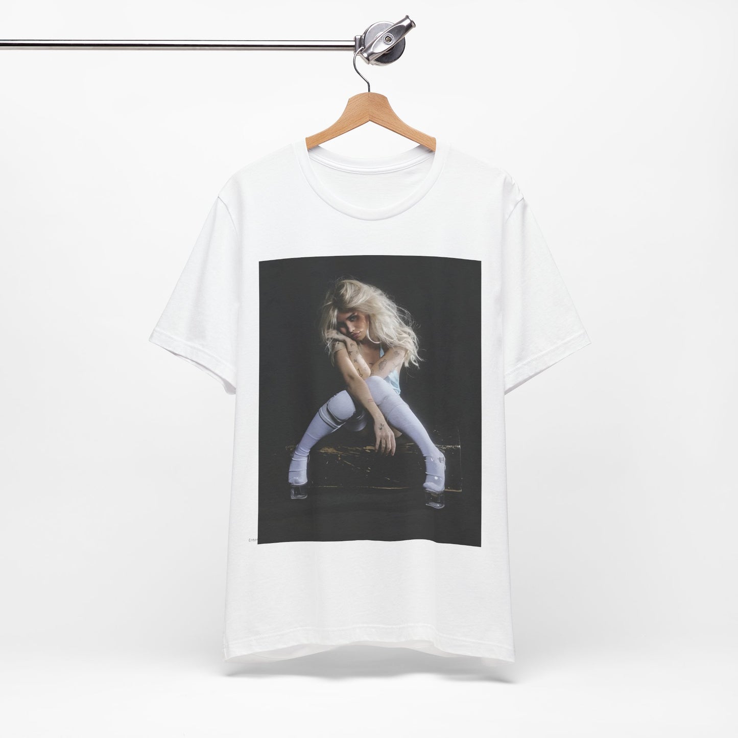 A black graphic t-shirt featuring a graphic of Nessa Barrett with dark pop vibes aesthetic.