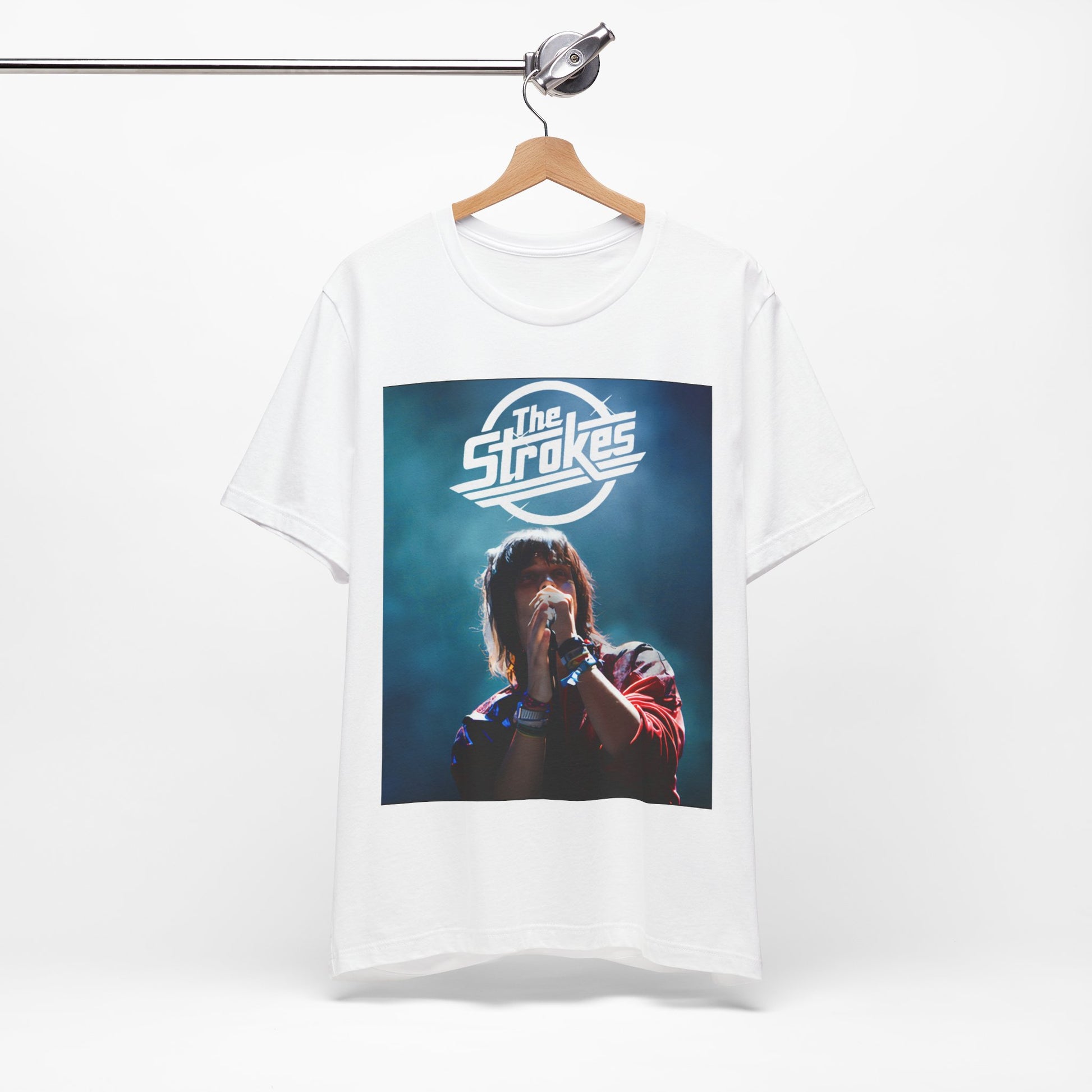 A black graphic t-shirt featuring a portrait or graphic of Julian Casablancas from The Strokes.