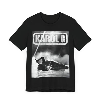 A black graphic t-shirt featuring a black and white graphic or photo of Karol G performing live on stage.