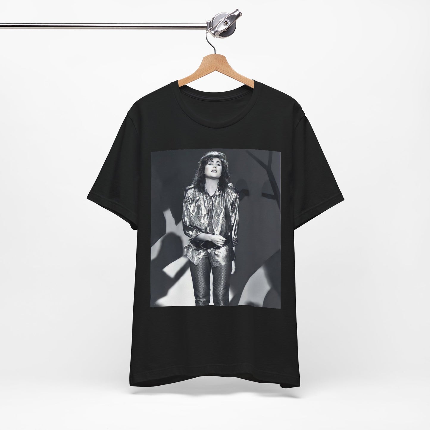 A black graphic t-shirt featuring a graphic of Laura Branigan emphasizing her timeless voice.
