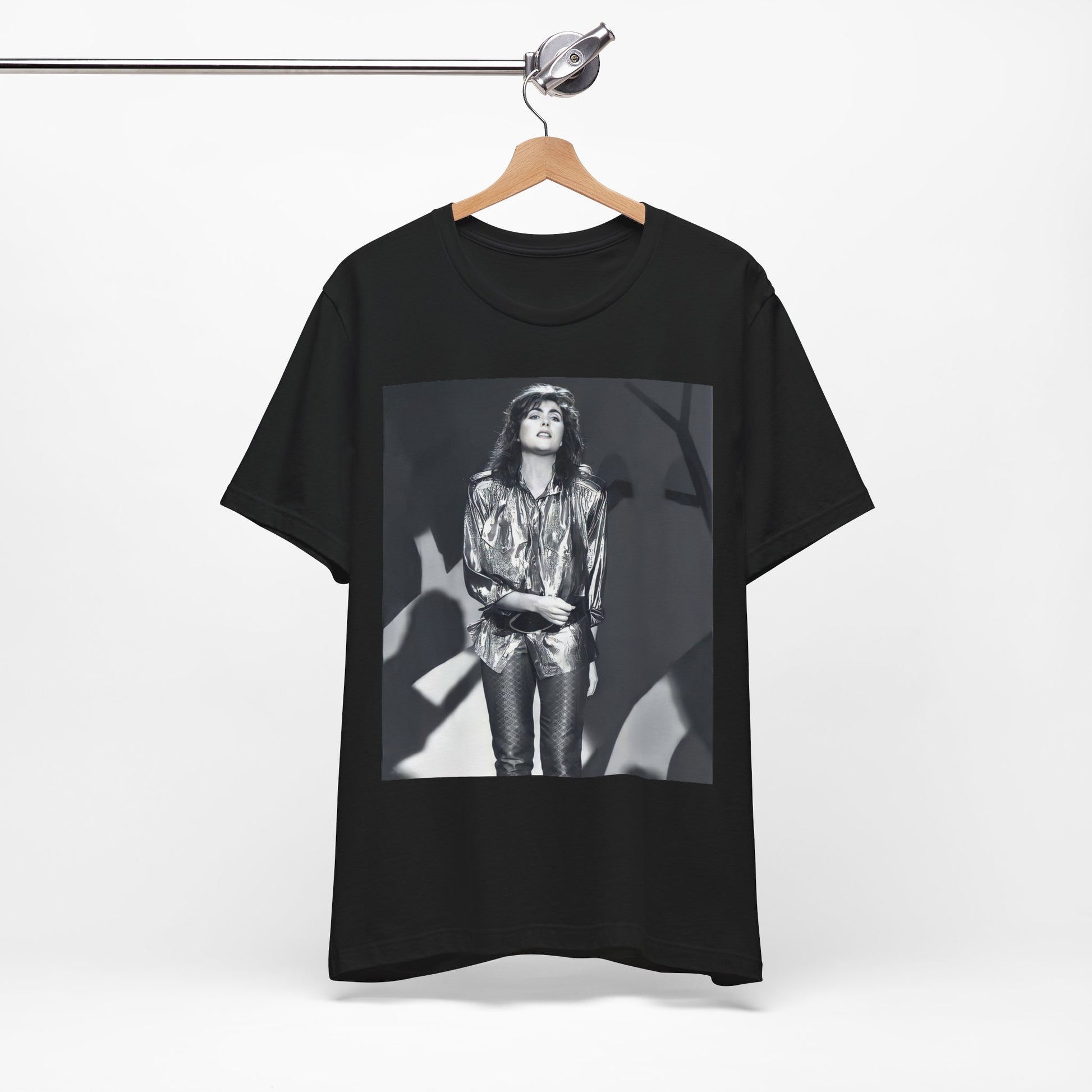 A black graphic t-shirt featuring a graphic of Laura Branigan emphasizing her timeless voice.