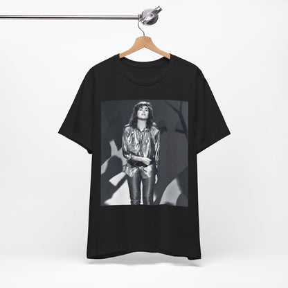 A black graphic t-shirt featuring a graphic of Laura Branigan emphasizing her timeless voice.