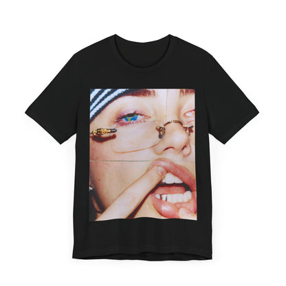 A direct, unfiltered, close-up portrait of Billie Eilish with dark hair looking straight at the camera, printed on a t-shirt.