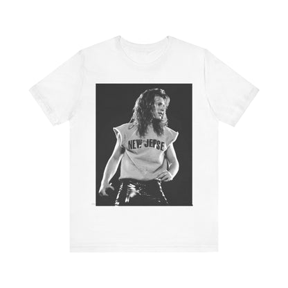 A black graphic t-shirt featuring a vintage graphic related to Bon Jovi's 'New Jersey' album or era.