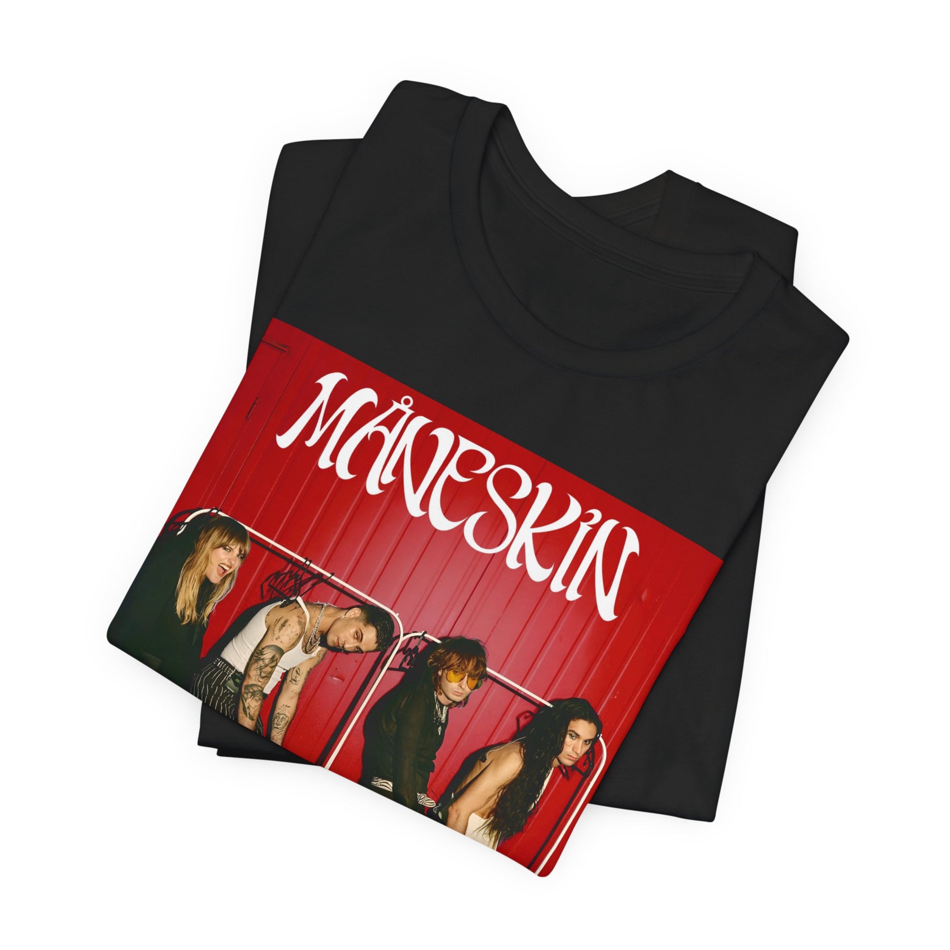 A black graphic t-shirt featuring a graphic related to Maneskin's 'RUSH' album era.