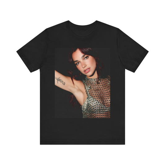 A black graphic t-shirt featuring a retro graphic inspired by Dua Lipa's "Don't Start Now" song.
