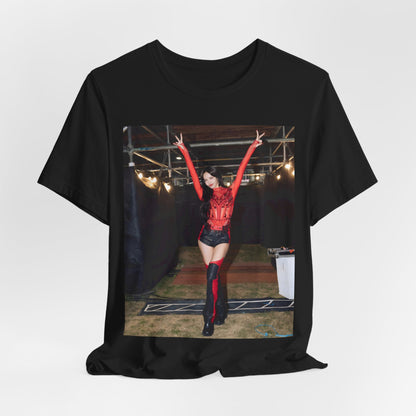 A black graphic t-shirt featuring a classic graphic of Lisa as a Blackpink rapper.