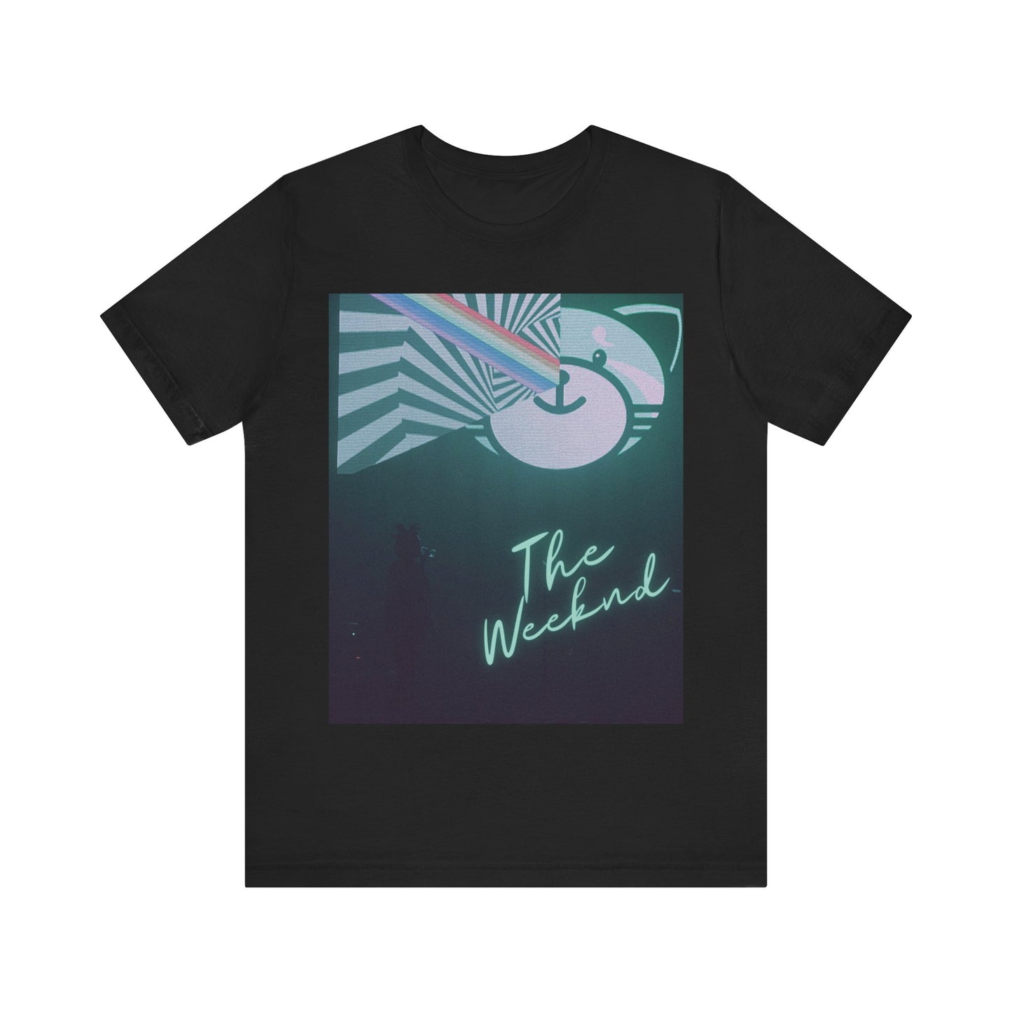 A black graphic t-shirt featuring a vintage concert graphic of The Weeknd from his 'Kiss Land' era.