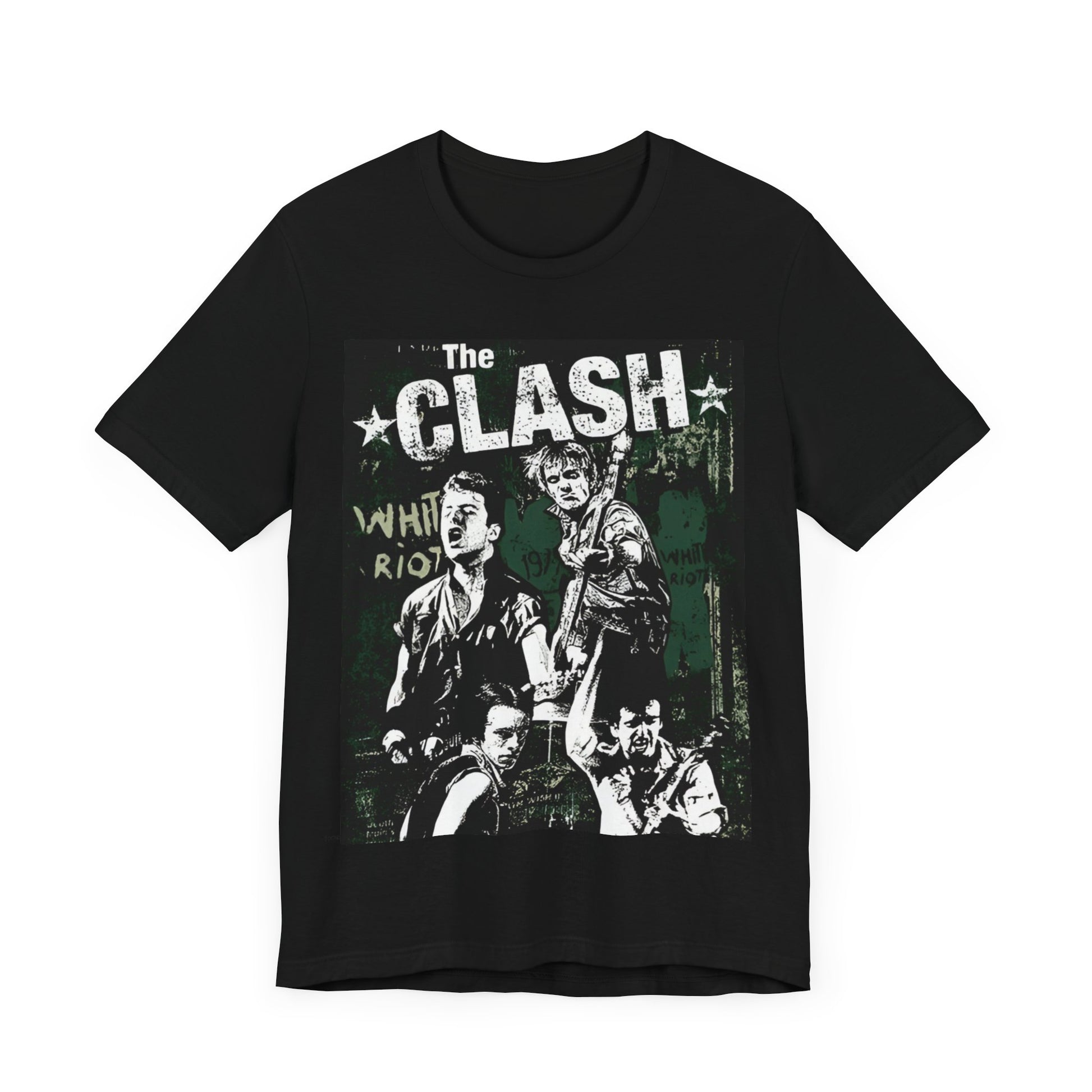 A black graphic t-shirt featuring a graphic related to The Clash's 'White Riot' song.