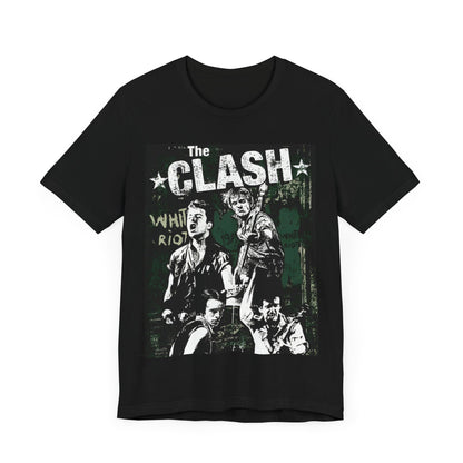 A black graphic t-shirt featuring a graphic related to The Clash's 'White Riot' song.