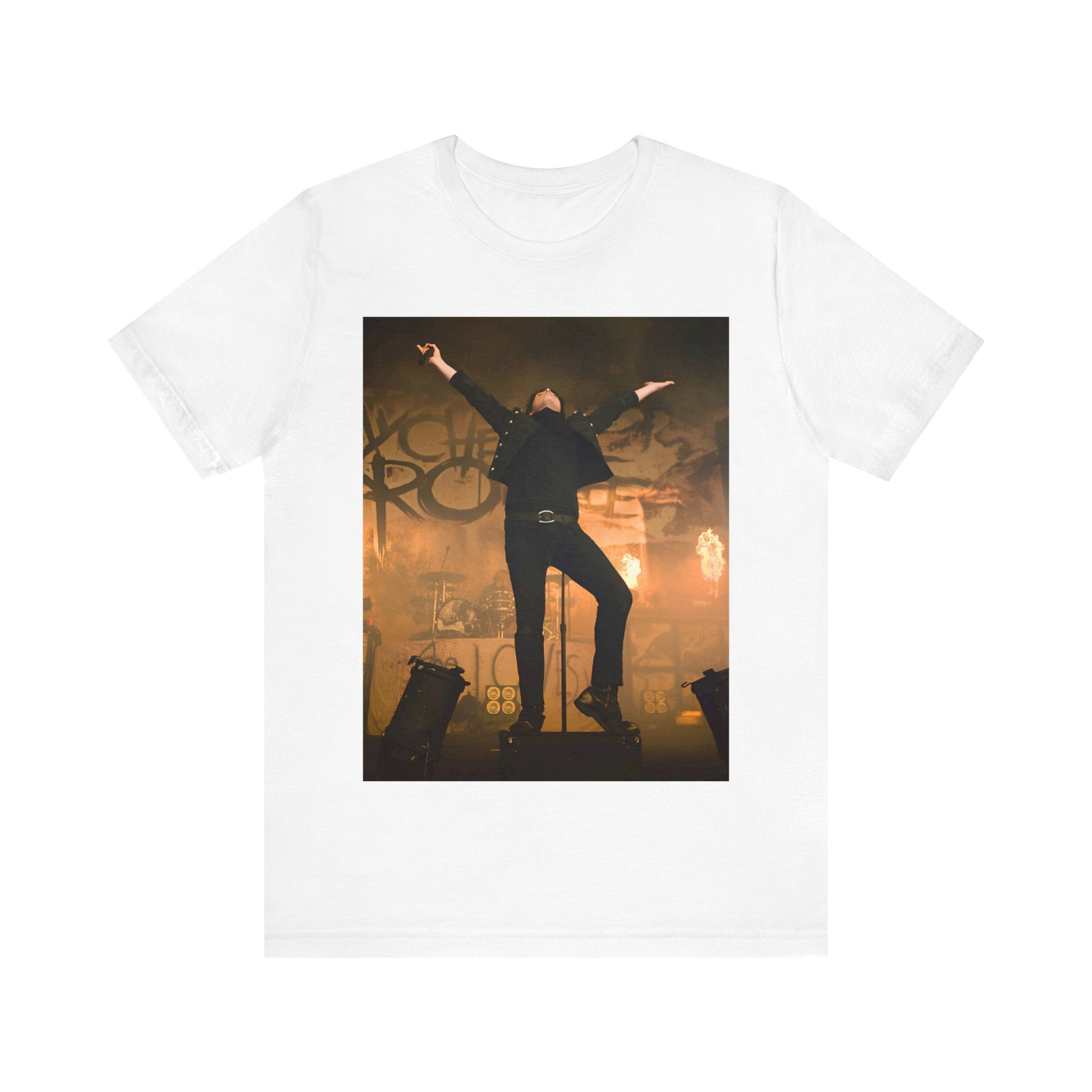 A black graphic t-shirt featuring an on-stage merch graphic of My Chemical Romance.