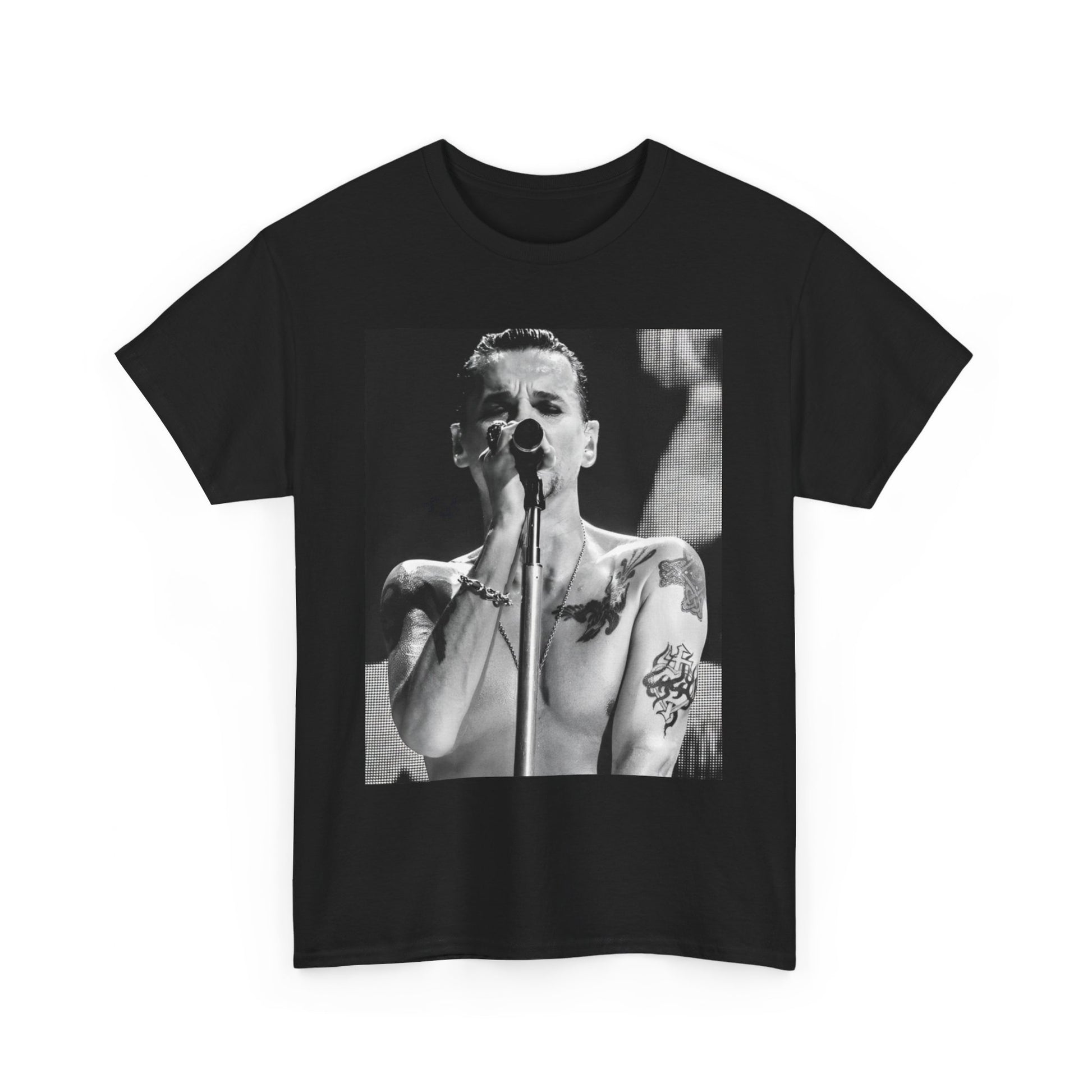 A black graphic t-shirt featuring a graphic related to Depeche Mode's 'Sounds of the Universe' live era.