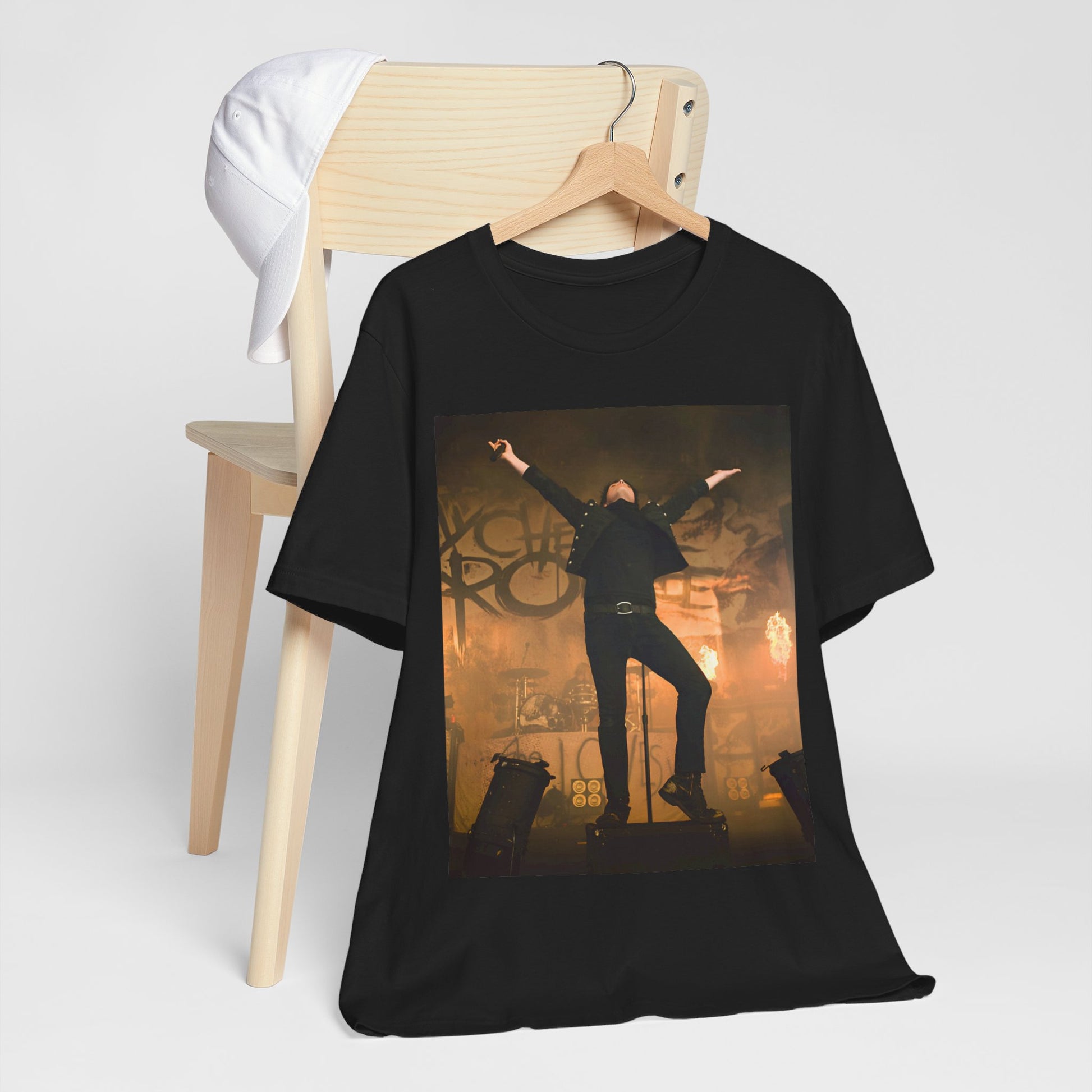 A black graphic t-shirt featuring an on-stage merch graphic of My Chemical Romance.