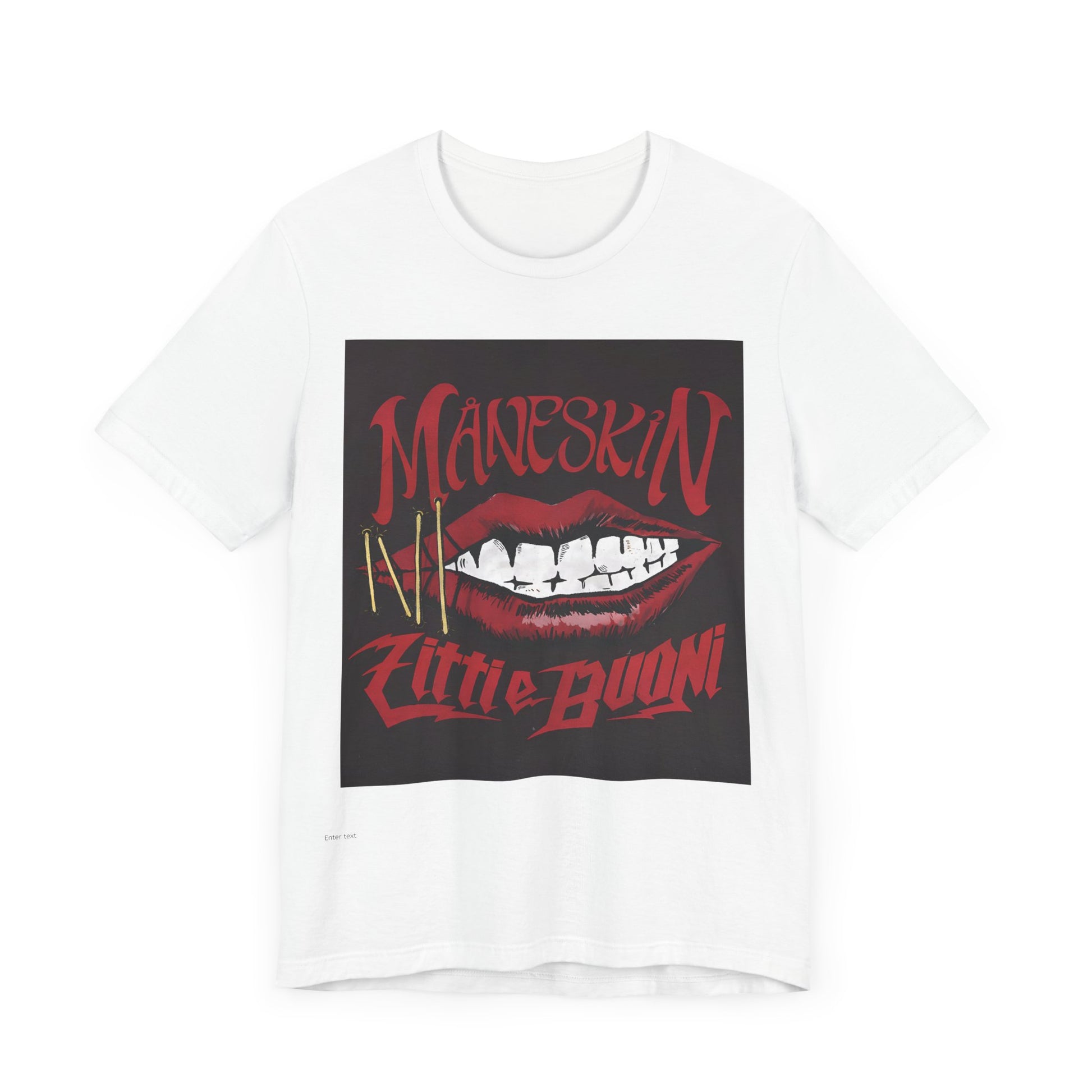 A black graphic t-shirt featuring a graphic related to Maneskin's song "Zitti E Buoni."