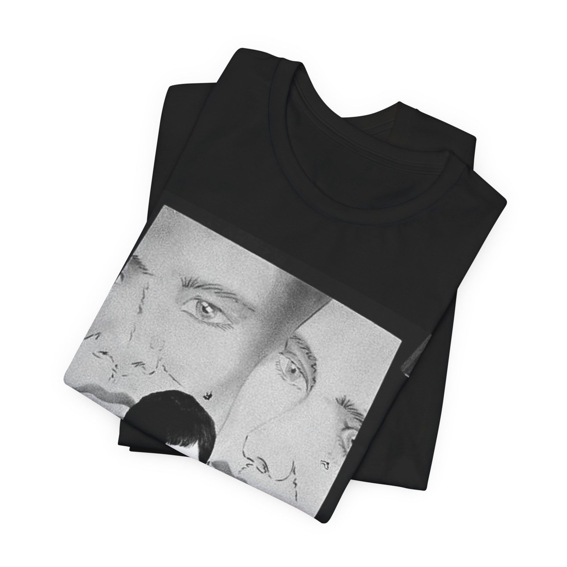 A black graphic t-shirt featuring a vintage dark wave graphic of Joy Division.