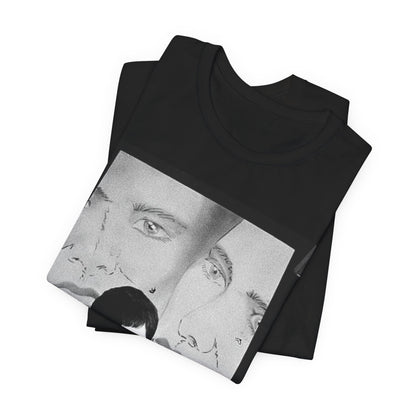 A black graphic t-shirt featuring a vintage dark wave graphic of Joy Division.